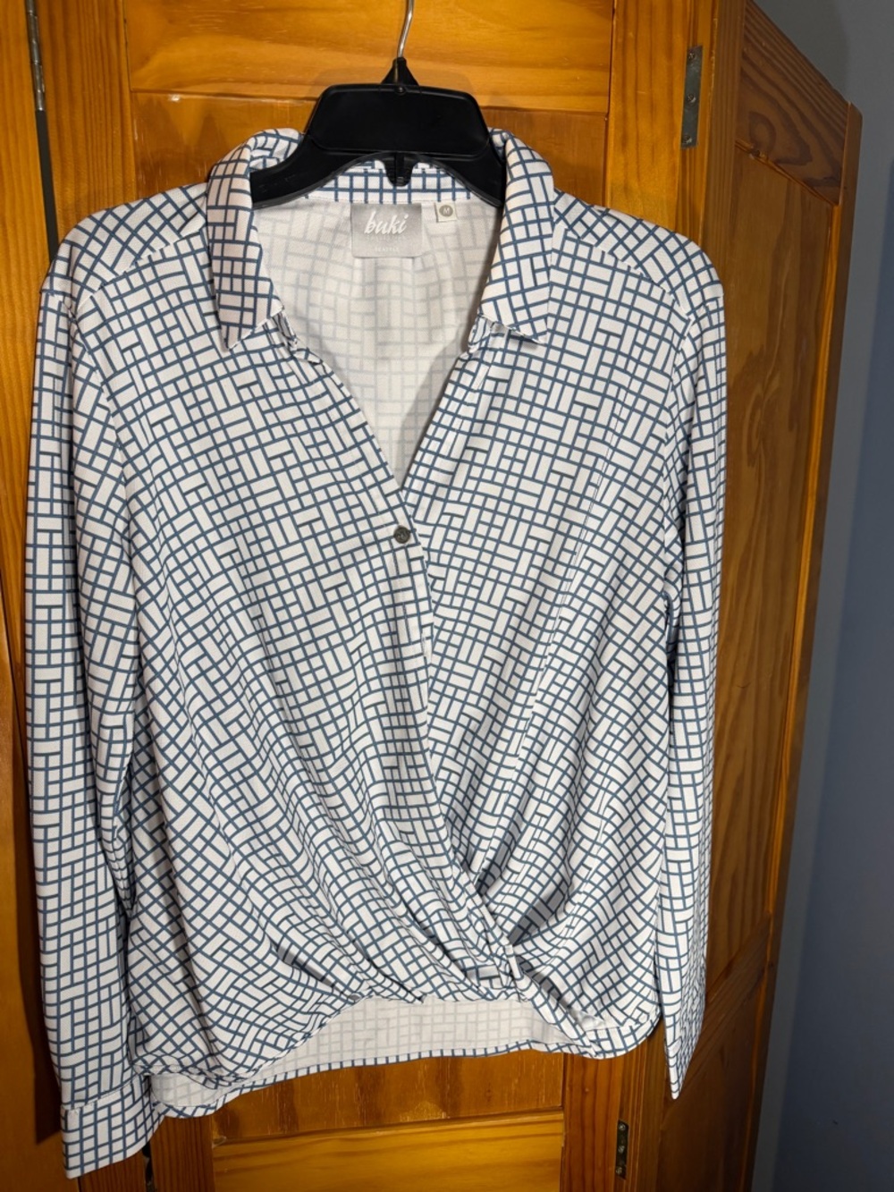 Buki Barcelona Shirt | White and Blue Geometric Wrap-Front Women's Blouse Size M